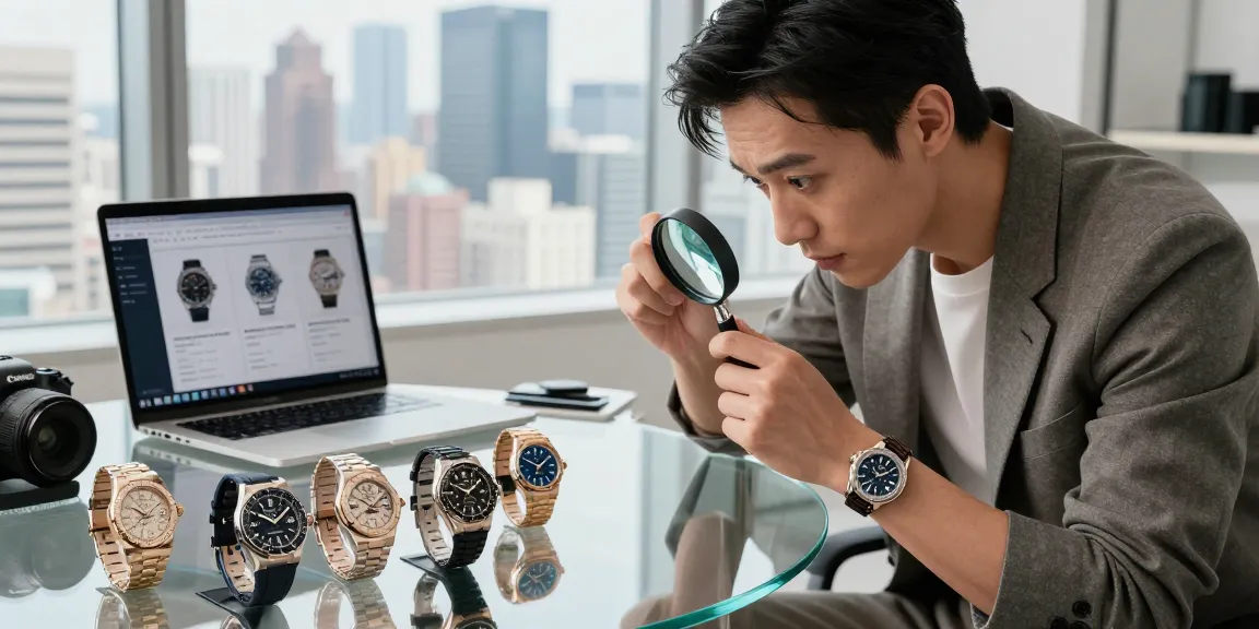 Luxury watch enthusiast inspecting high-quality replica watches on a sleek table, showcasing top brands like Rolex and Hublot.