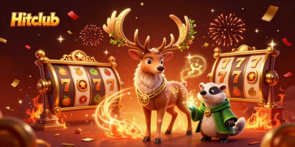 Hitclub engaging scene with a Celtic druid stag, badger, and casino elements celebrating jackpot wins.