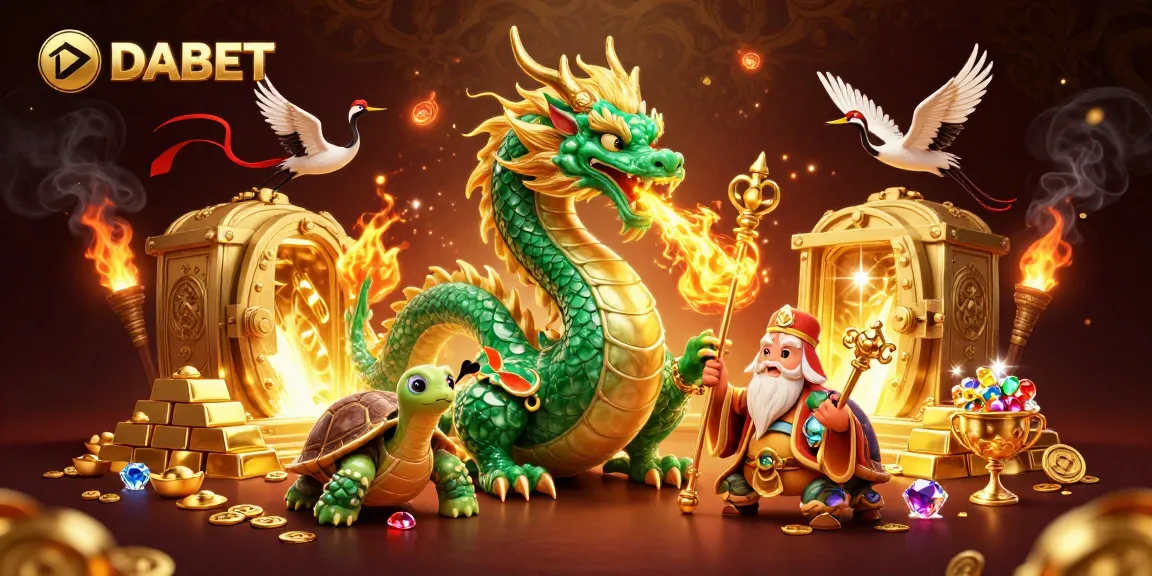 DABET casino excitement illustrated with a jade dragon, turtle sage, and lucky cranes amidst treasure and light.