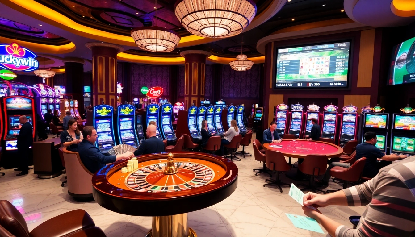 Luckywin players enjoying vibrant table games and slots in a luxurious casino environment.