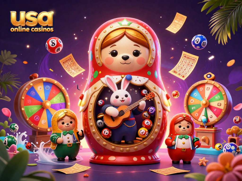 Engage with the vibrant world of usa online casinos, featuring dynamic lottery balls and playful characters.