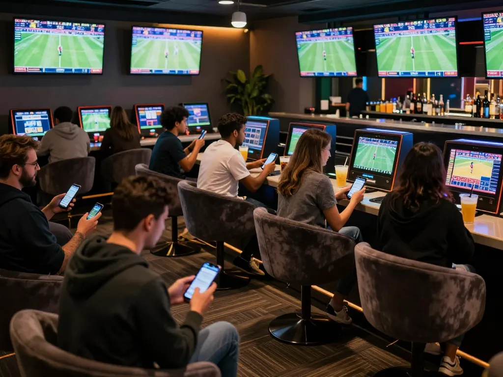 fly88 patrons actively betting on sports in a lively lounge setting, showcasing modern gaming atmosphere