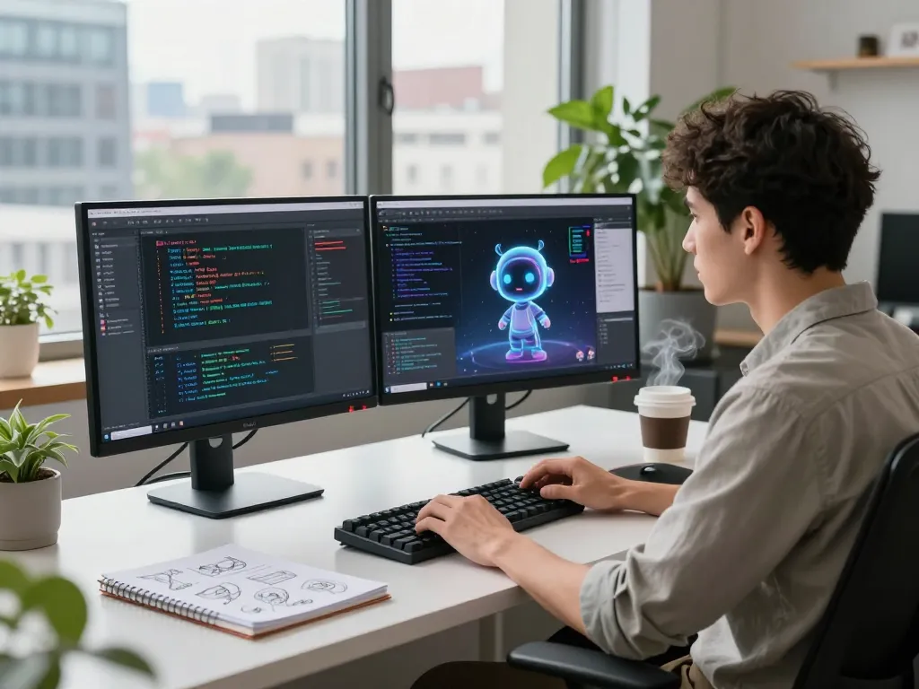 Engaged developer using Crushon AI in a sleek workspace filled with tech gadgets.