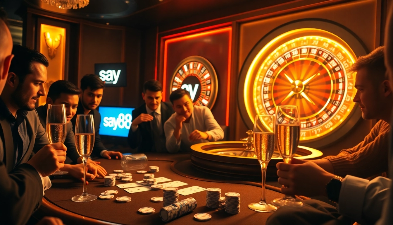 Players engage around a poker table at say88, surrounded by vibrant casino elements and luxury ambiance.