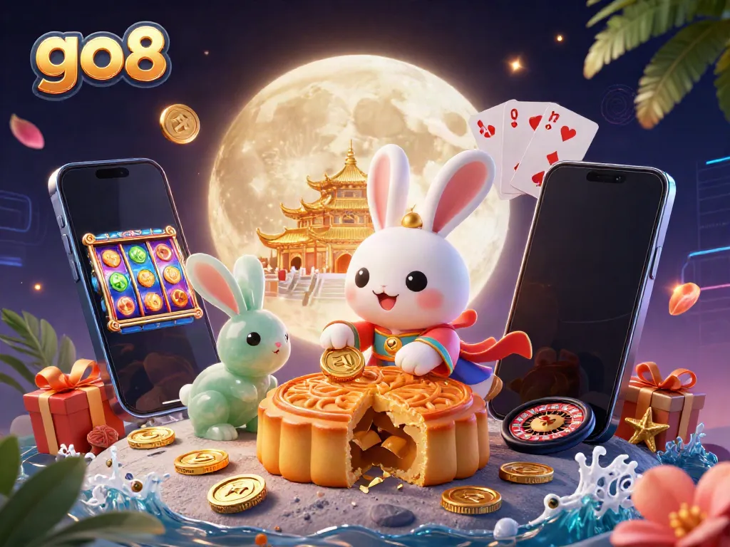 Join the exciting world of go8 as the moon rabbit pounds golden mooncakes filled with poker chips amid a vibrant casino atmosphere.