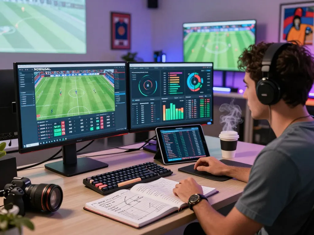 Soccer analyst using NOWGOAL for live scores and data analysis in a modern office.