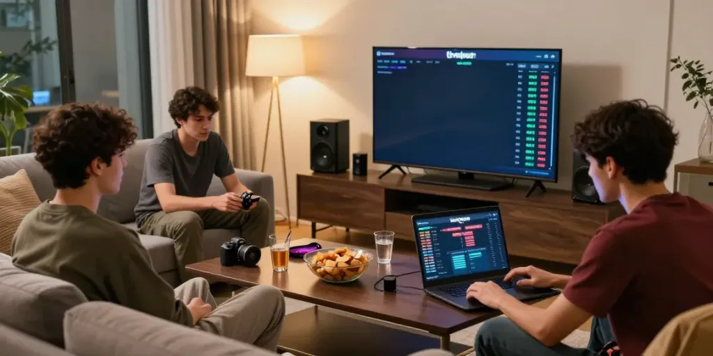 Friends enjoying online betting on f168 trang chủ in a cozy living room setting.