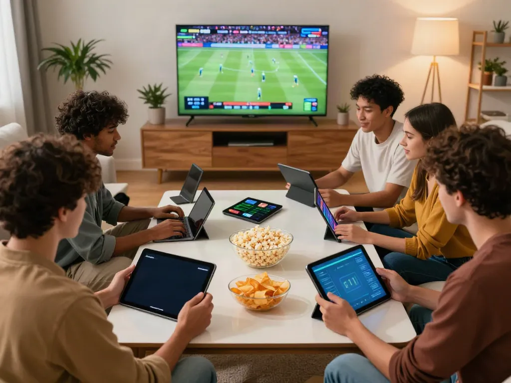 Group of friends enjoying a sports betting session on FIVE88 platform.