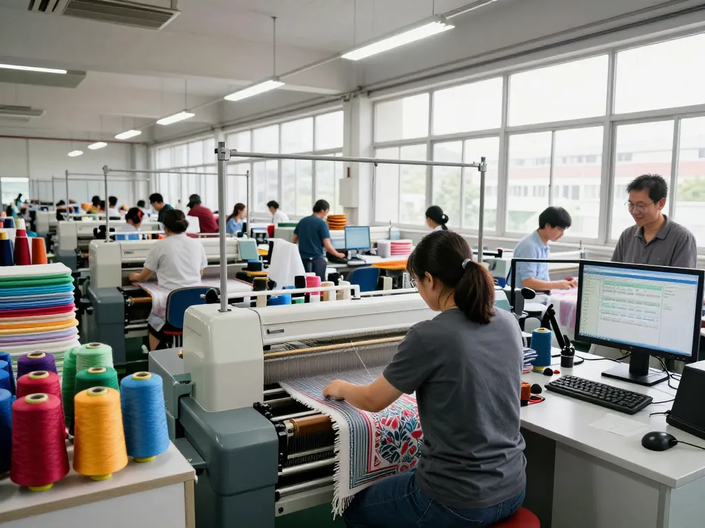Sunwin textile factory showcasing vibrant fabric production with workers operating advanced machinery in a bright, spacious environment.