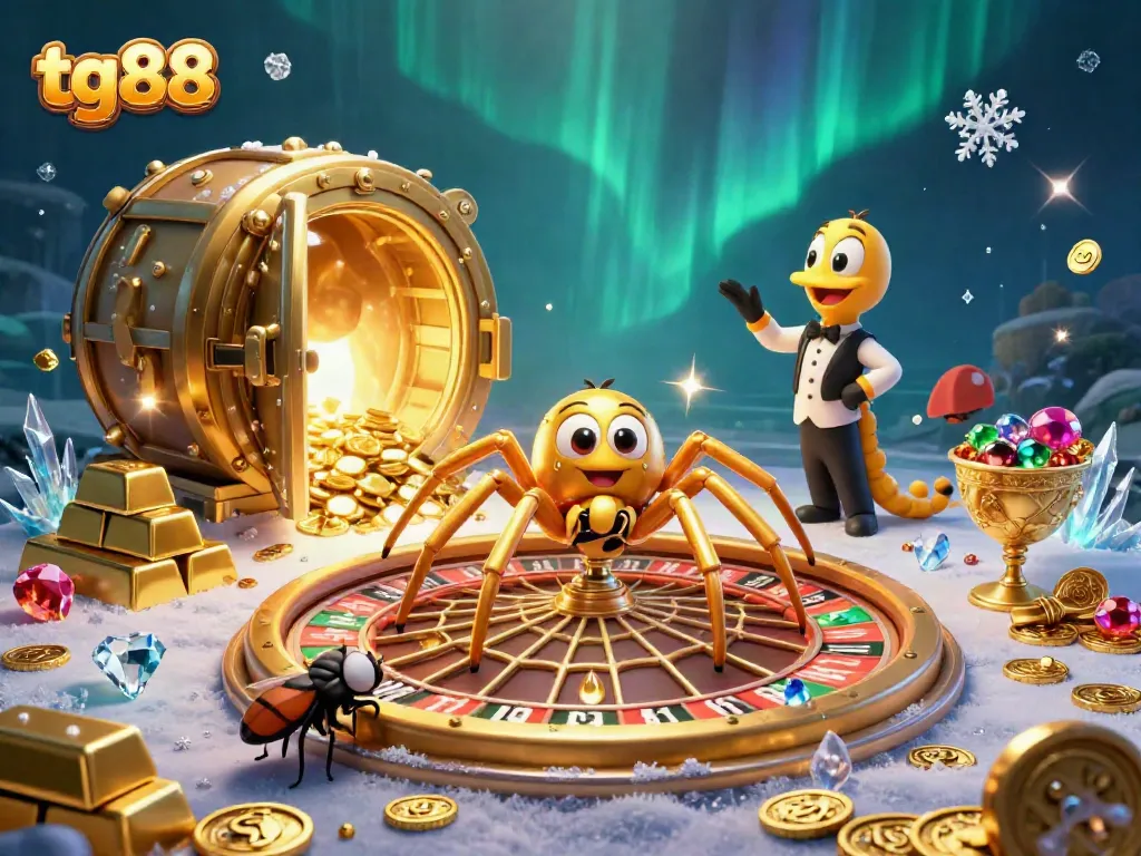 Experience thrilling bets at tg88 with a dynamic roulette wheel scene featuring a golden spider and lively elements.