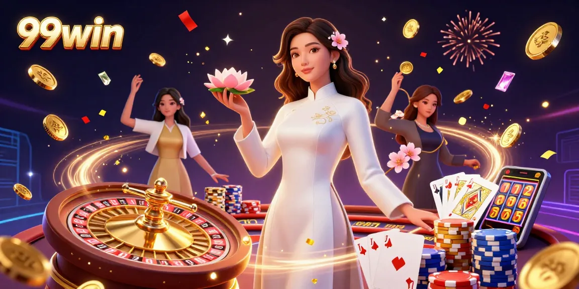 Experience the excitement of 99win with vibrant casino elements and elegant characters, sparkling gems, and action.