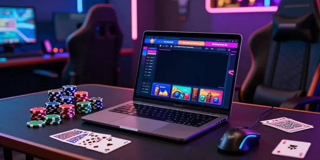 Engaging non gamstop casino gaming setup with a laptop, poker chips, and cards