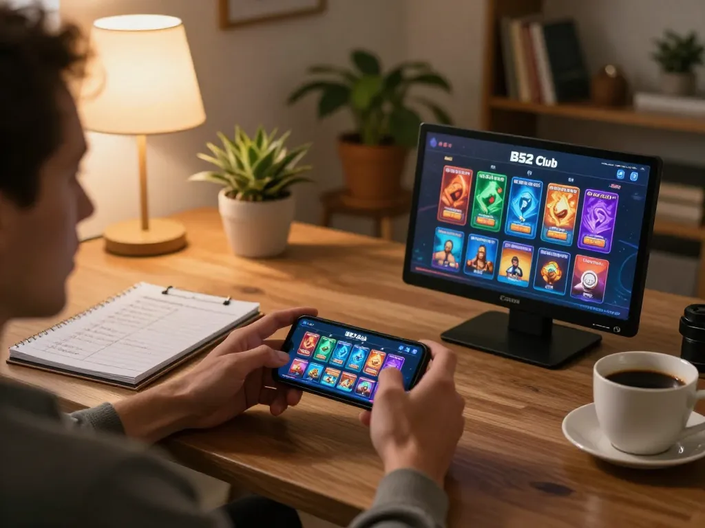 B52 Club mobile gaming scene with a player strategizing betting options at home