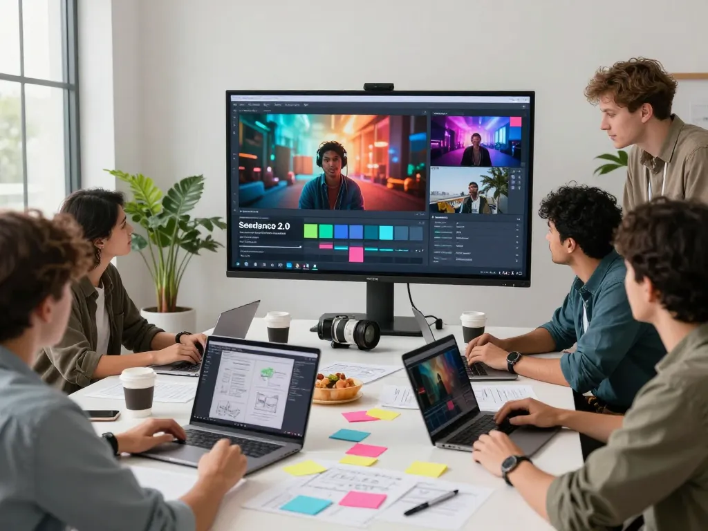 Collaborative video production session showcasing Seedance AI with creators brainstorming ideas and reviewing dynamic clips.