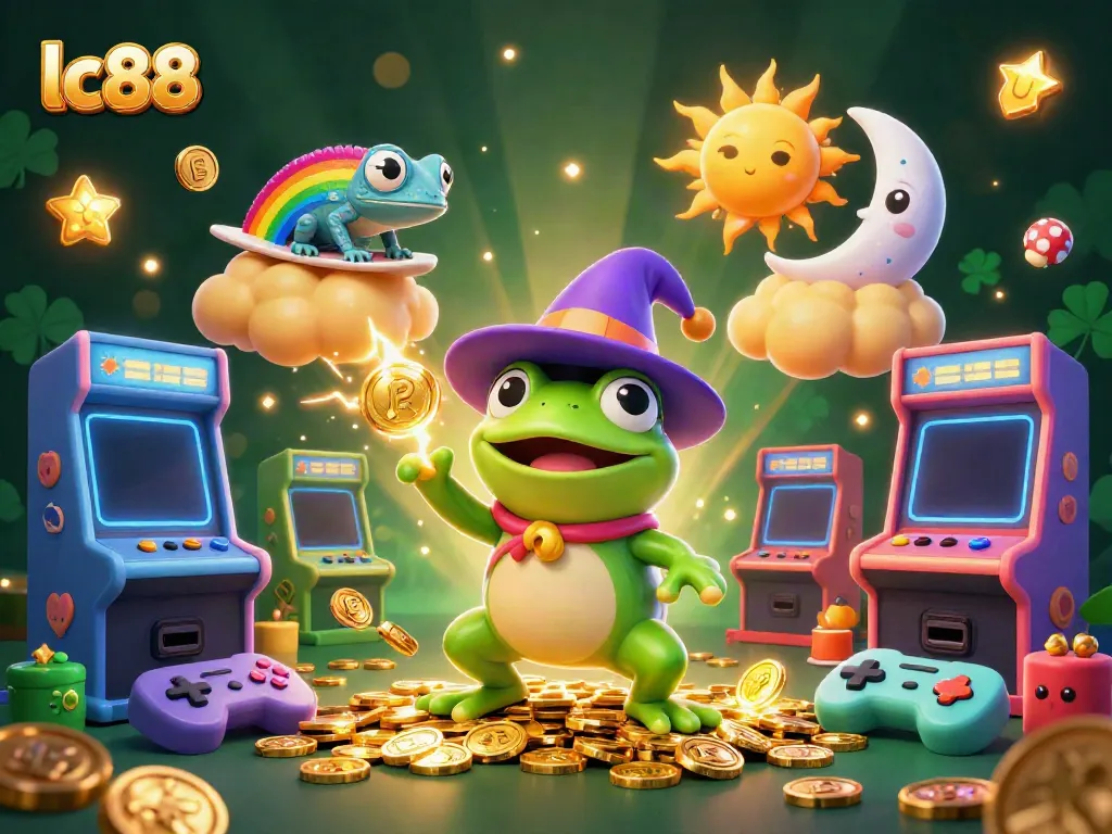 Experience the thrill of lc88 with vibrant game characters amidst a storm of coins and arcade excitement.