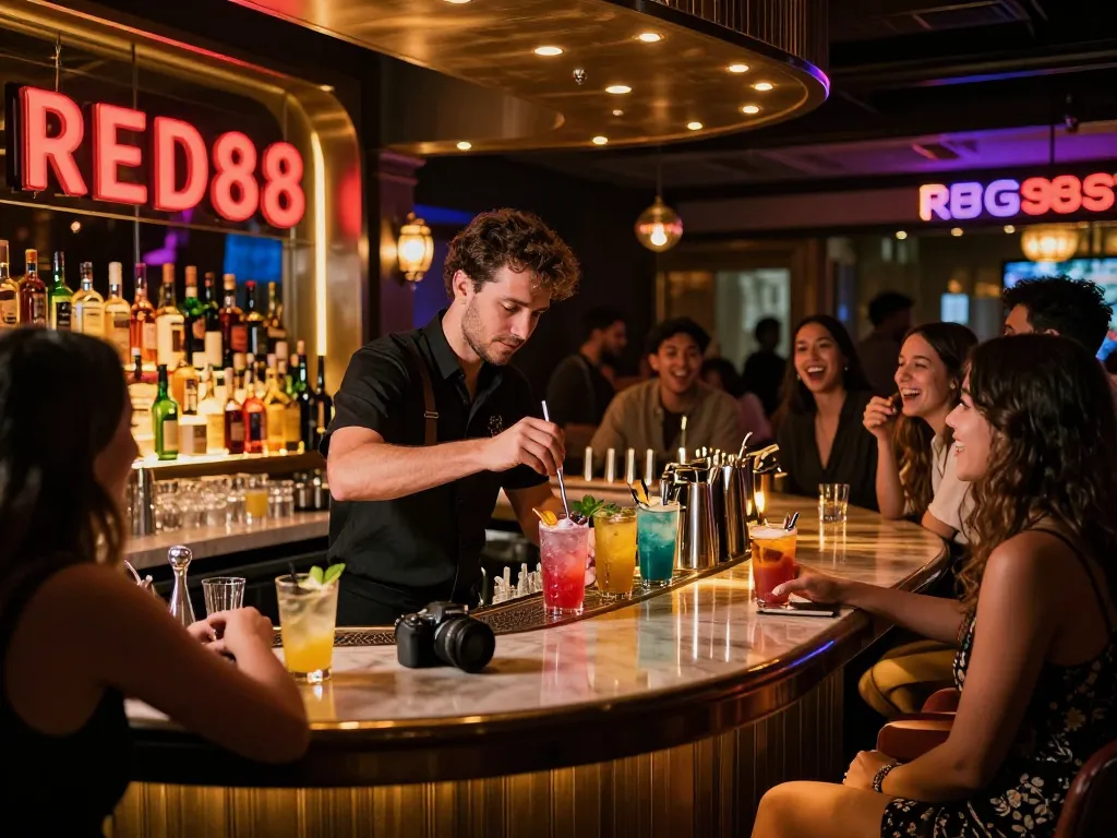 Vibrant nightlife scene at RED88 cocktail bar with mixologist crafting drinks