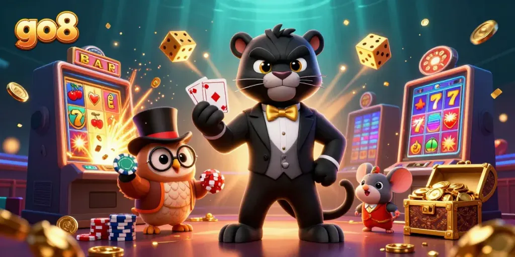 Engage in thrilling gaming at GO8's casino with a stylish panther and friends!