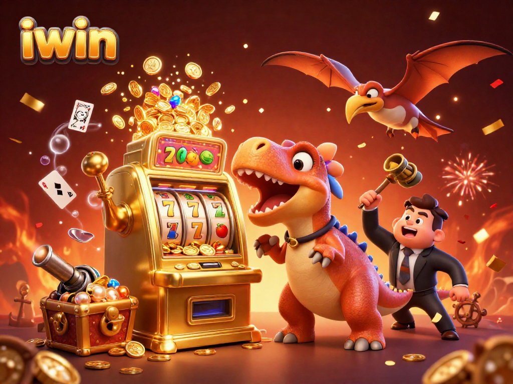 iwin casino illustration of pachycephalosaurus winning jackpots, vibrant confetti and dynamic gameplay
