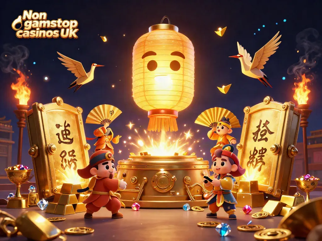 Experience the thrill of Non gamstop casinos UK in a vibrant 3D illustration packed with gold and gaming elements.