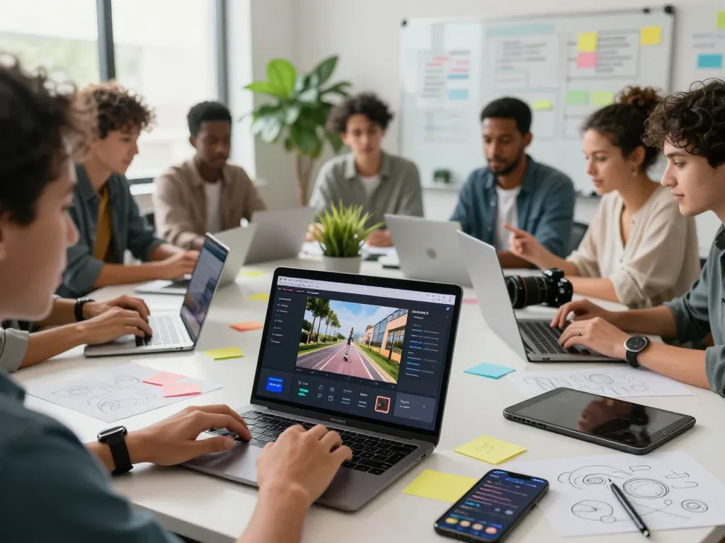 Diverse creators collaborating in a bright office utilizing ai seedance 2.0 for innovative video projects.
