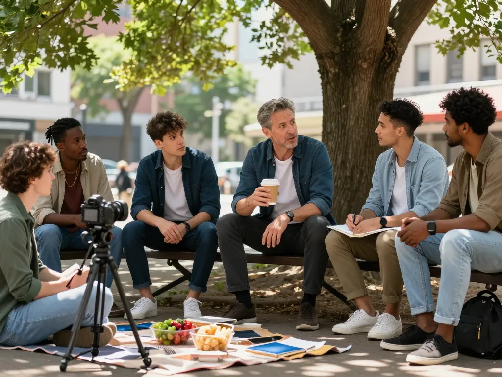 Menclub gathering outdoors, discussing ideas and sharing experiences in a supportive atmosphere.