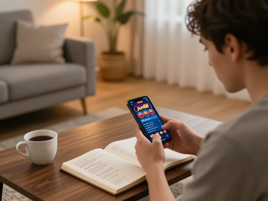 Player engaging with Jun88 mobile casino app, showcasing a responsible gaming environment in a cozy living room.