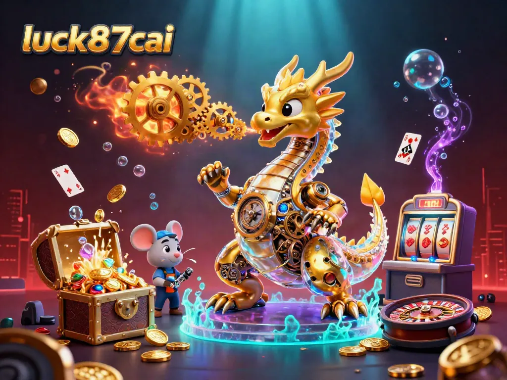 Engage in thrilling gameplay at luck87cai with a golden dragon and floating casino elements.