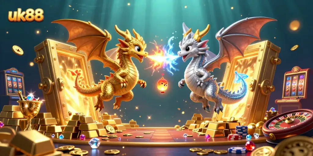 Experience the thrill of betting with uk88 as fiery dragons and casino treasures abound in an immersive scene.