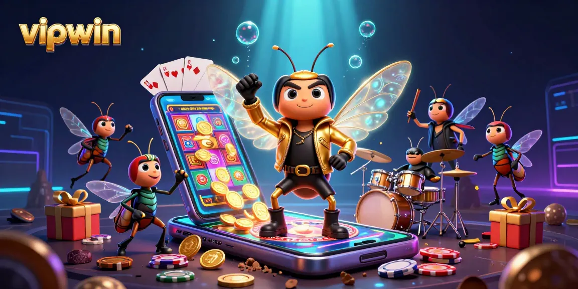 Experience thrilling gaming action with vipwin as a cartoon cicada rock star leads a vibrant casino scene.