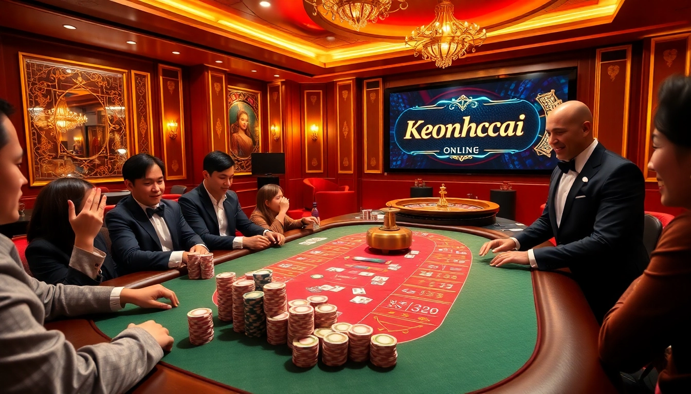 Exciting gambling scene with Keonhacai branding at a luxury poker table.