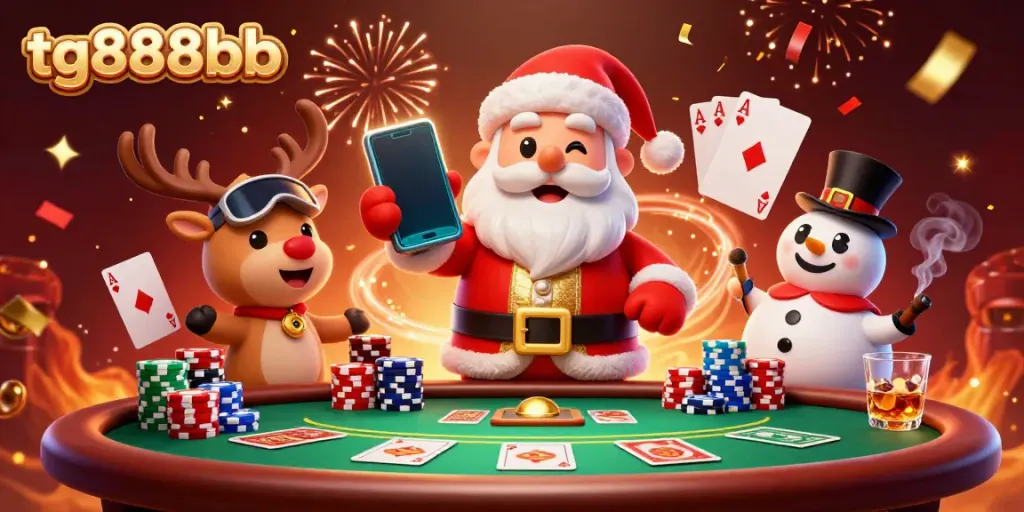 Experience thrilling jackpots with tg888bb in a festive casino scene featuring Santa and his friends.
