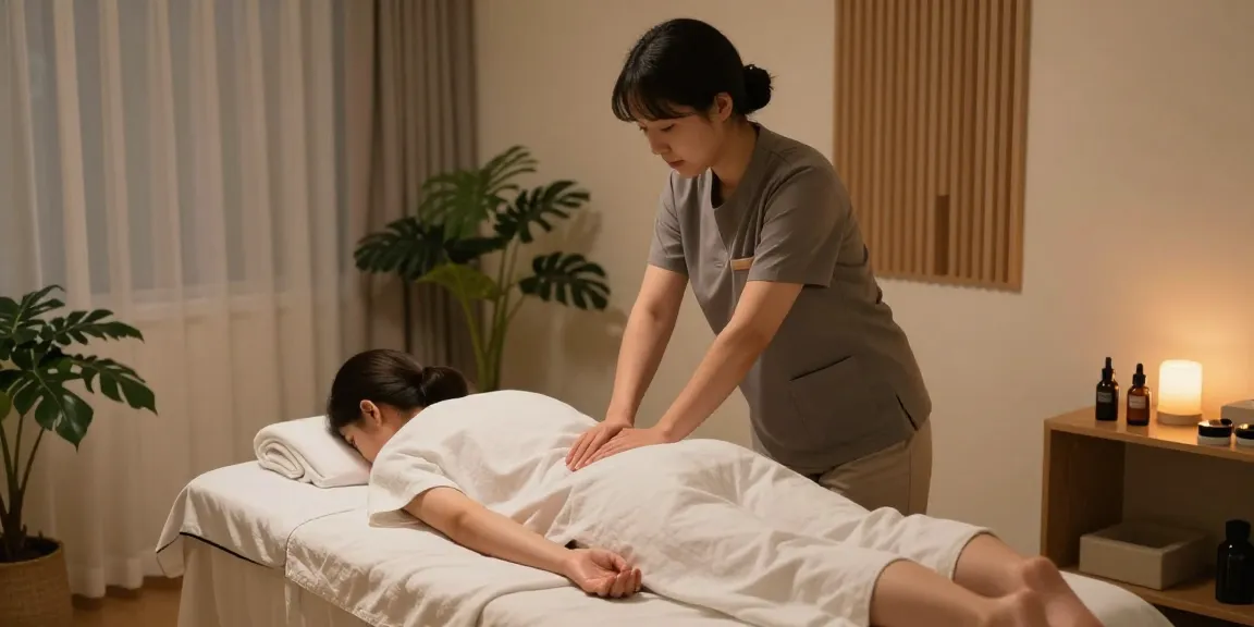 Relaxing 성북구출장마사지 session in a serene home setting, showcasing a skilled therapist and calming decor.