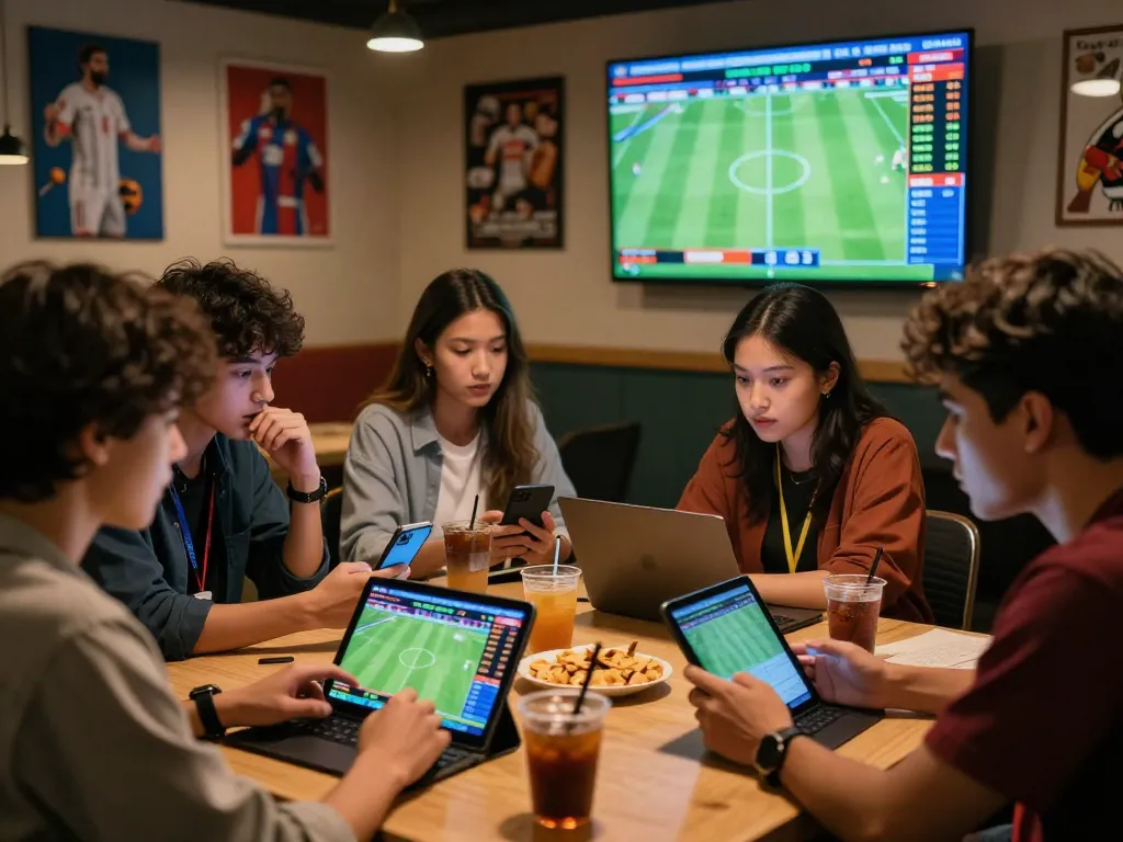 Exciting scene analyzing tỷ lệ kèo nhà cái 5 in a modern sportsbook with friends.