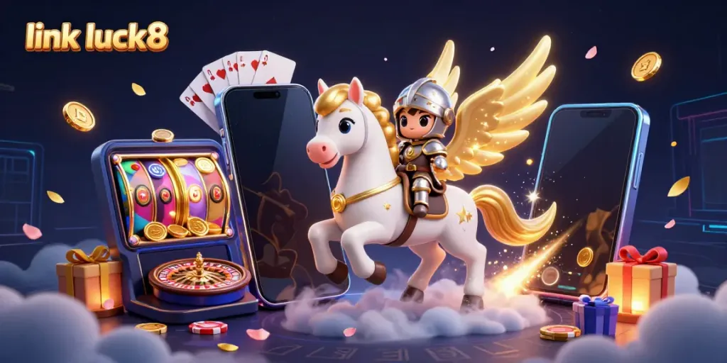 Engage with the vibrant world of link luck8, where a celestial horse and armored knight explore a dynamic casino scene filled with games and rewards.