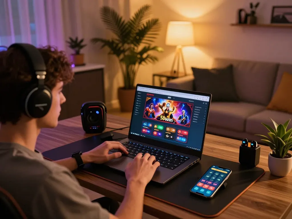 A person engages with the 58wiin online casino interface on a laptop in a cozy home setting.