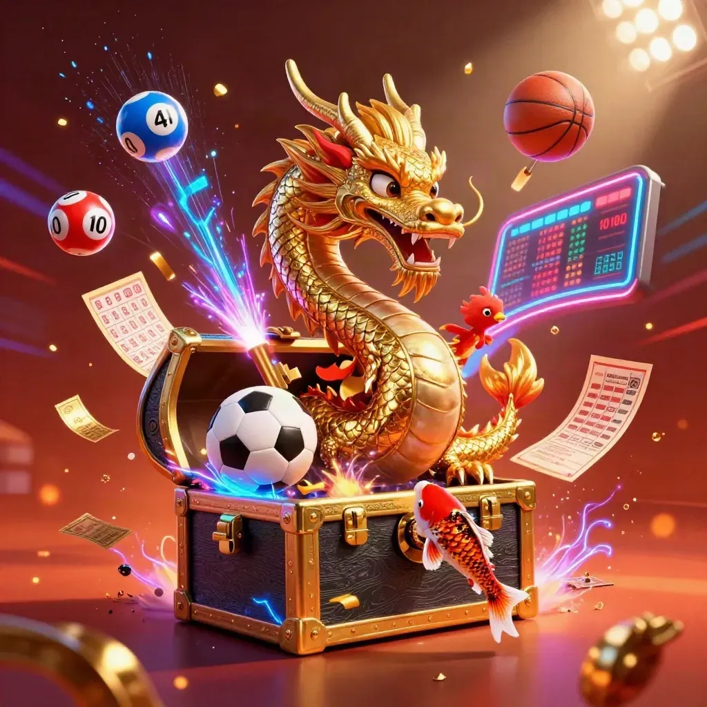 Golden dragon, phoenix and koi burst with casino balls, tickets and sports gear in neon light.