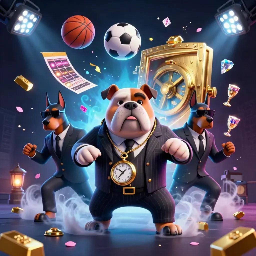 Cartoon bulldog boss, two Dobermans, vault, gold, balls and neon casino lights.