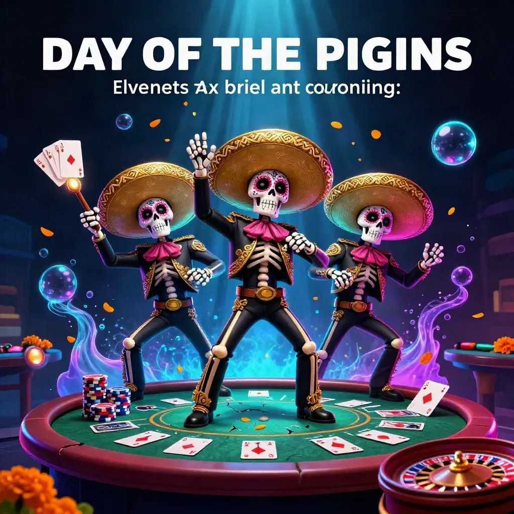 Three mariachi skeletons amid casino props, spinning roulette, neon petals, and glowing blue-purple light.
