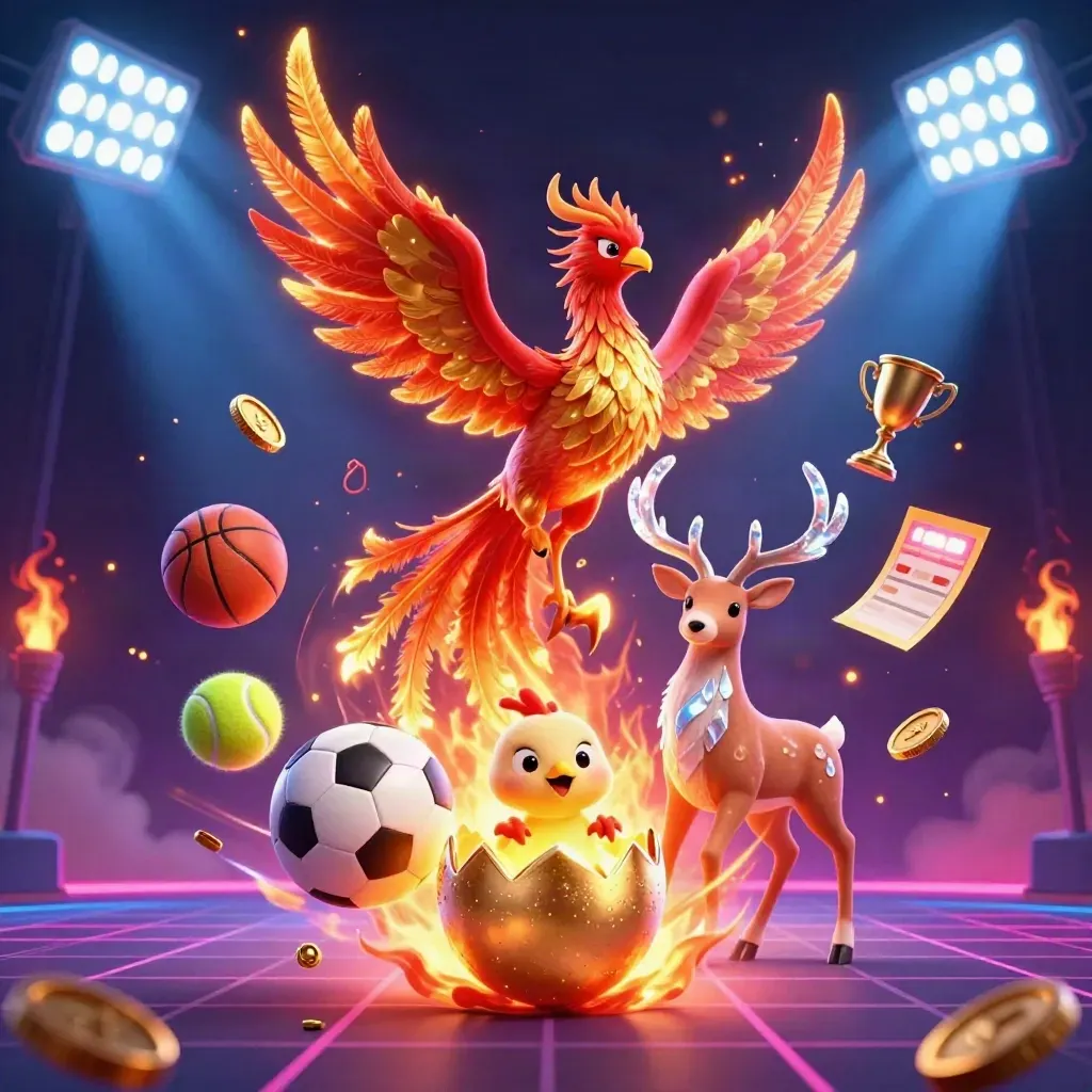 Fire phoenix, baby phoenix, and crystal stag amid sports balls, coins, trophy, and neon casino lights
