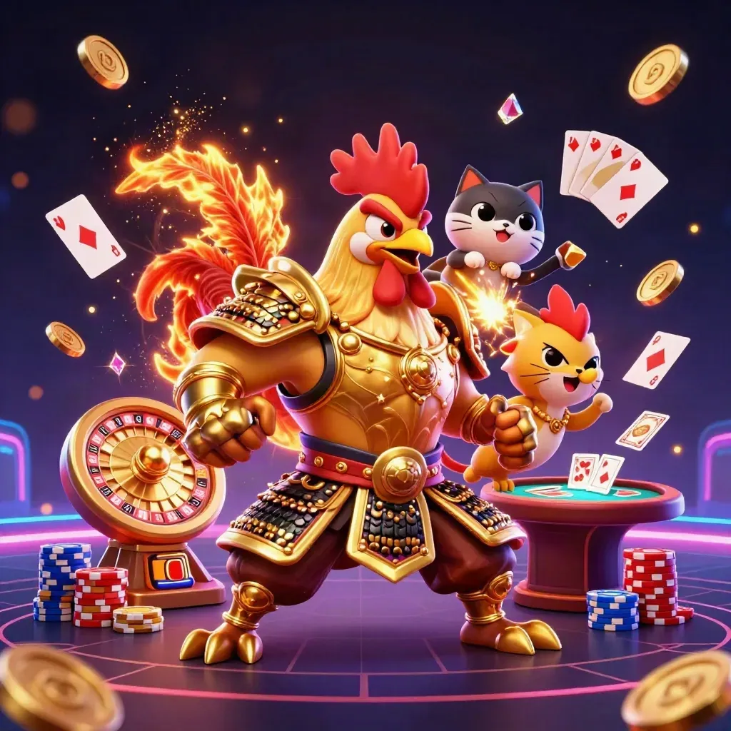 Rooster warrior, dragon hatchling and fortune cat amid casino lights, coins and roulette on dark neon background