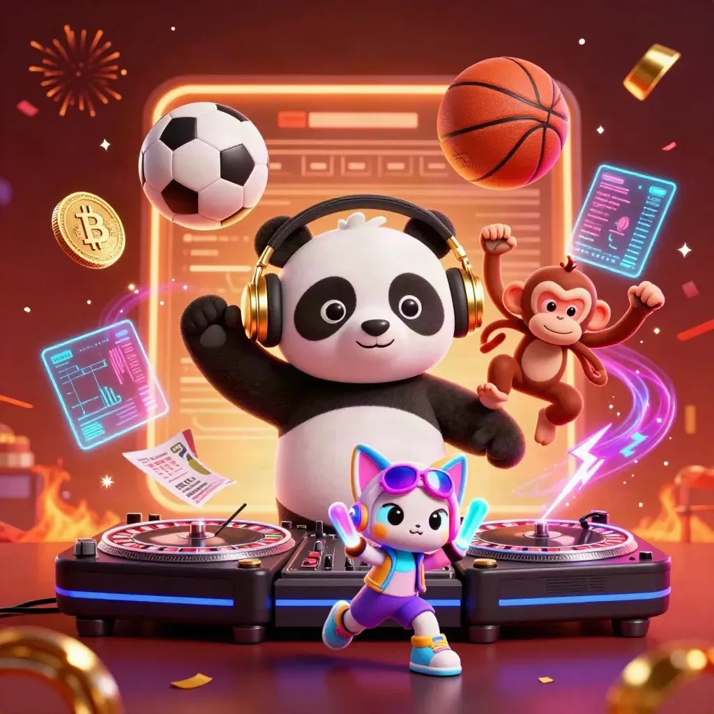 Panda DJ, monkey and glow-stick kitten amid neon coins, sports balls and sparks