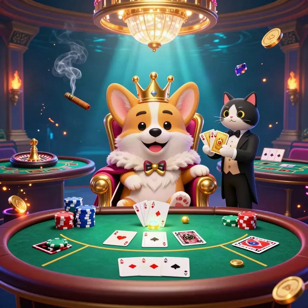 Royal corgi and cat butler in a neon casino scene with chips, cards, and roulette glow