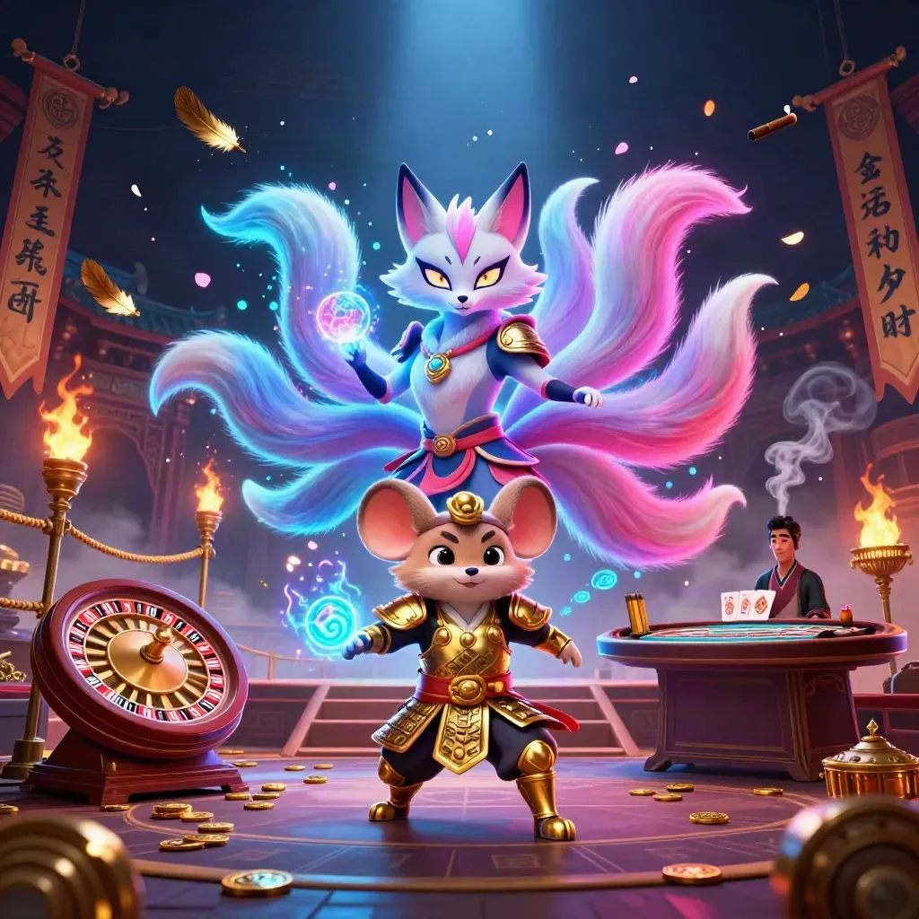 Neon fox spirit and armored mouse in a casino-temple scene with gold, petals, and glowing runes.