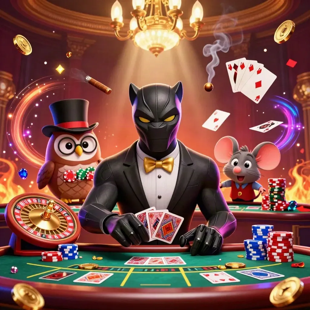 Panther, owl and mouse in a neon casino scene with chips, coins, cards and glowing lights.