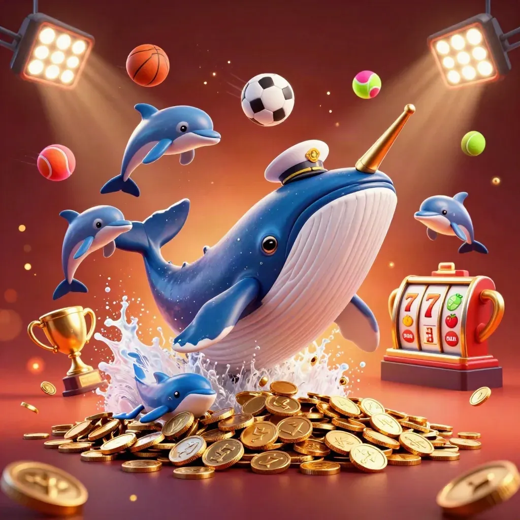Whale captain, narwhal, and dolphins burst through coins with sports balls and casino glow.