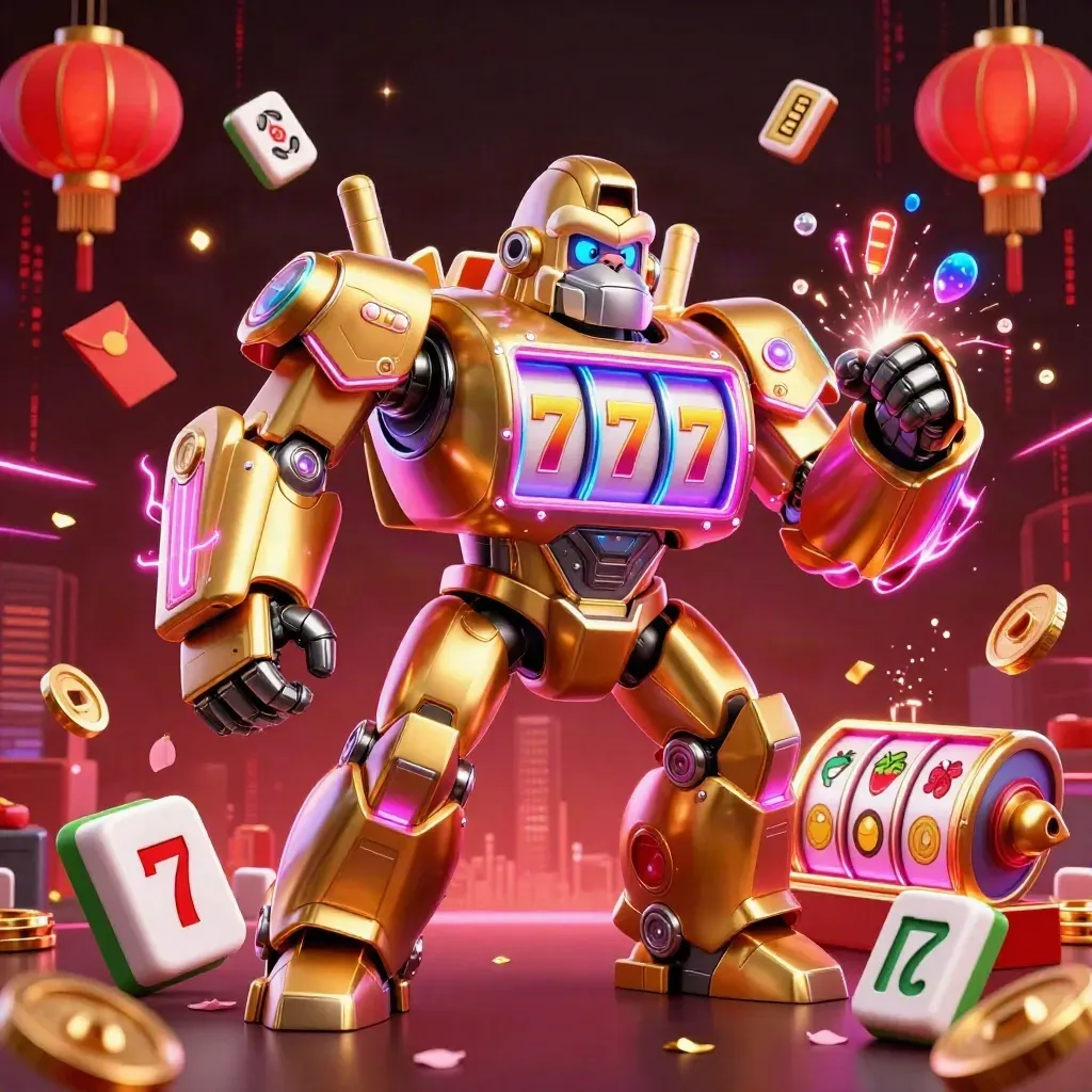 Golden gorilla mech with tiny monkey pilot, neon casino burst, gems, lanterns and coins exploding outward.