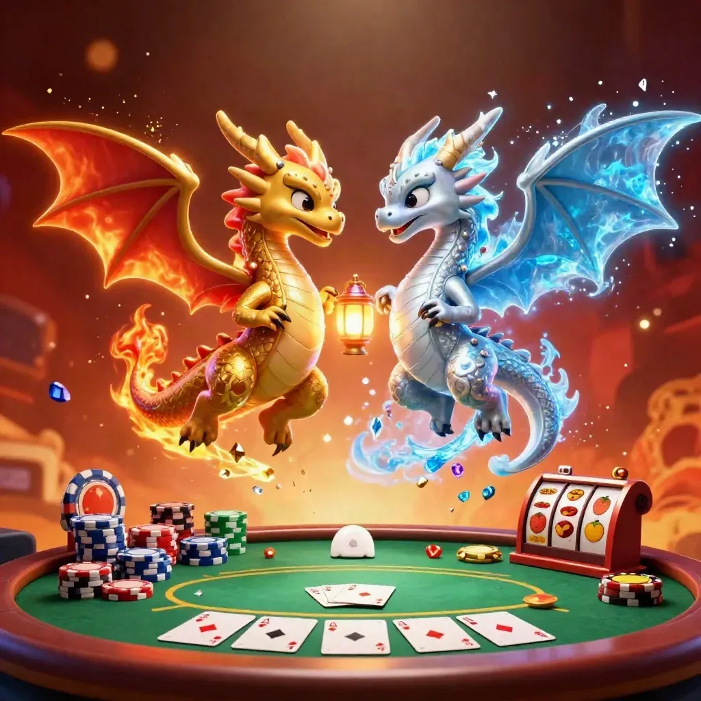 Twin gold and silver dragons swirl around casino chips, cards and relic sparks in neon blue and gold.
