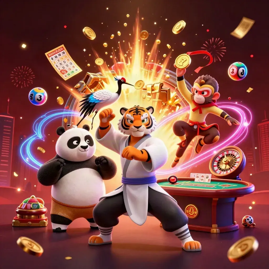 Tiger, panda, and monkey in a casino treasure blast with coins, wheels, cards, and fireworks.