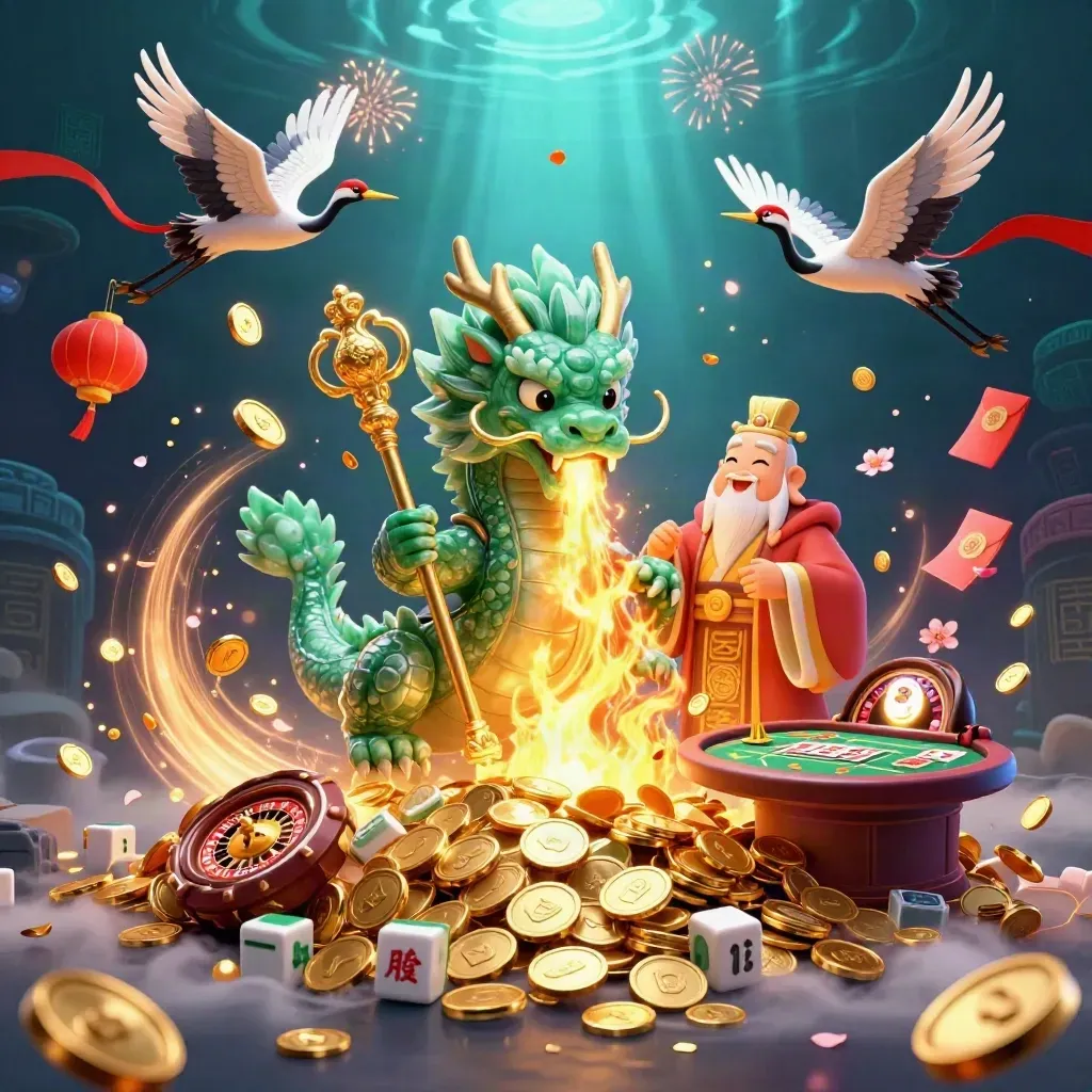 Jade dragon, turtle sage, and cranes amid coins, fireworks, and casino game props