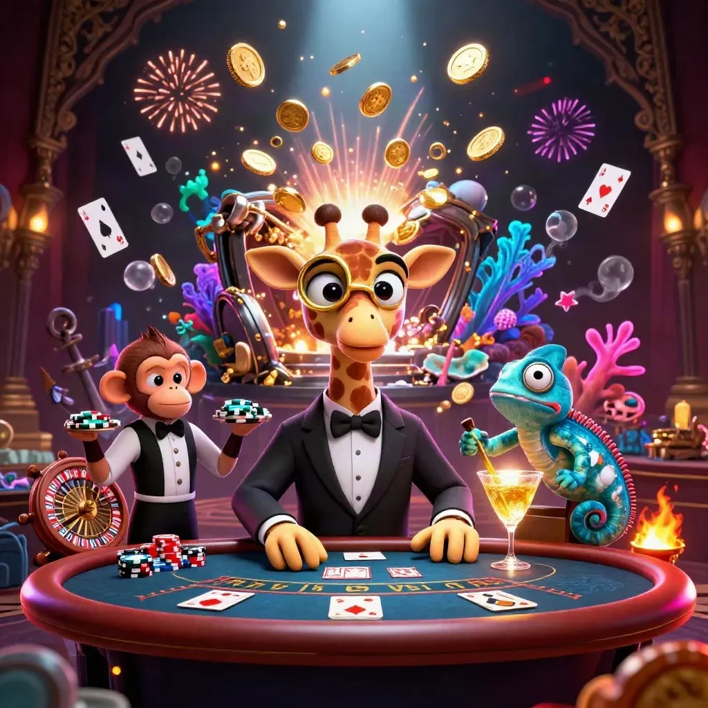 Giraffe, monkey, and chameleon in a neon casino treasure cove with coins, cards, and fireworks.